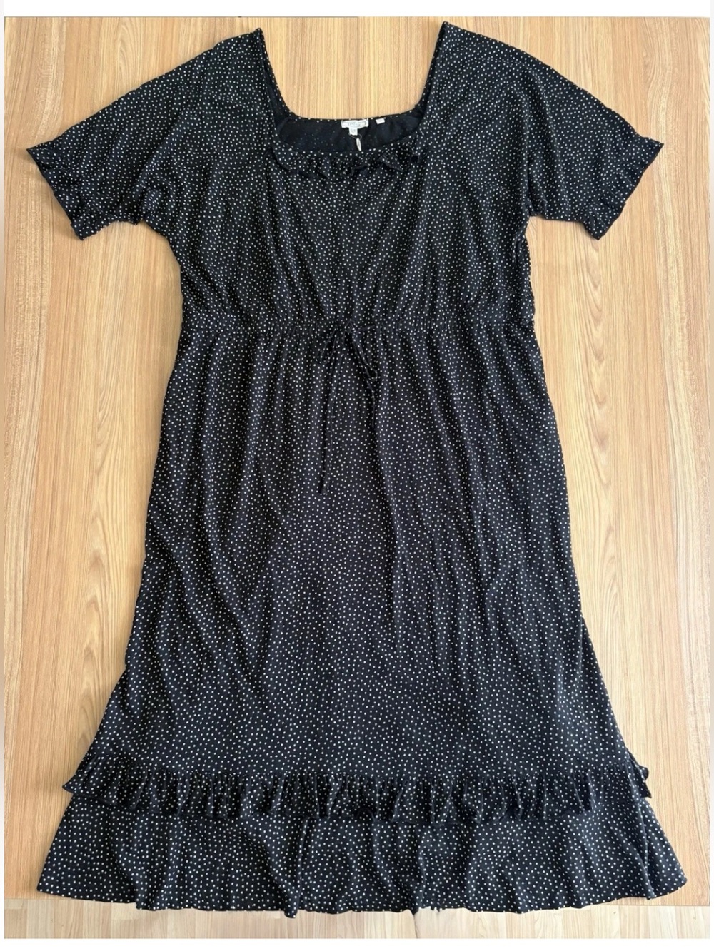Fat Face Nikki Spot Jersey Dress 20L Black Square Neck Pockets Ruffle Hem Swing